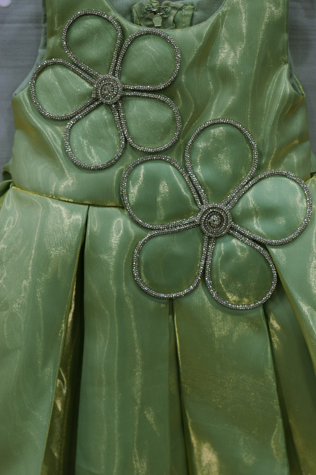 Olive Green Fancy Baby Girl Frock with Decorative Floral Embellishments