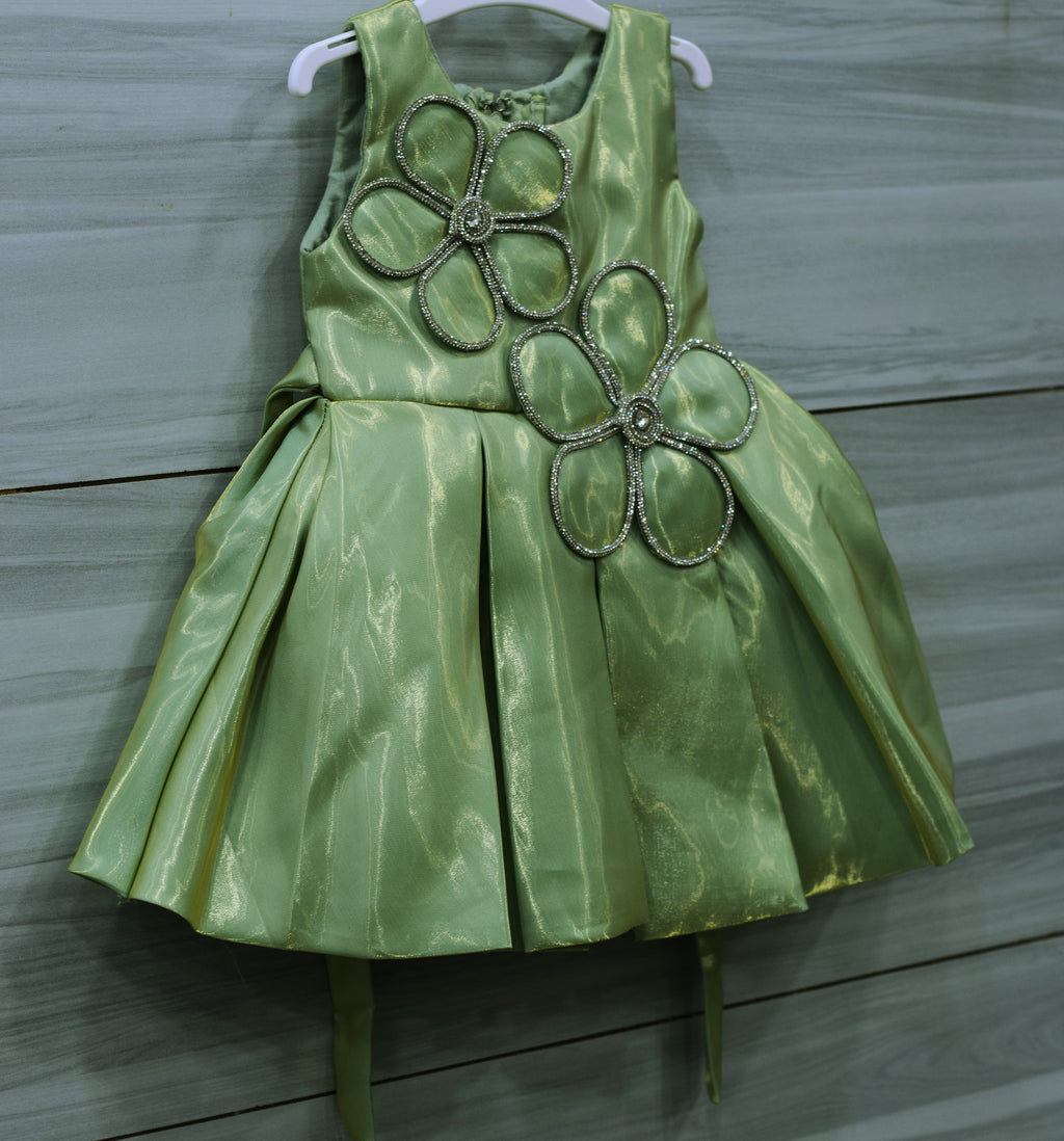Olive Green Fancy Baby Girl Frock with Decorative Floral Embellishments
