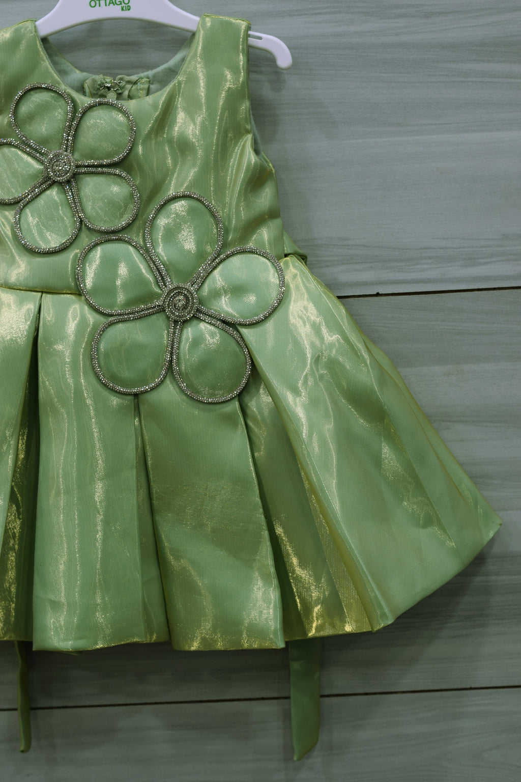 Olive Green Fancy Baby Girl Frock with Decorative Floral Embellishments