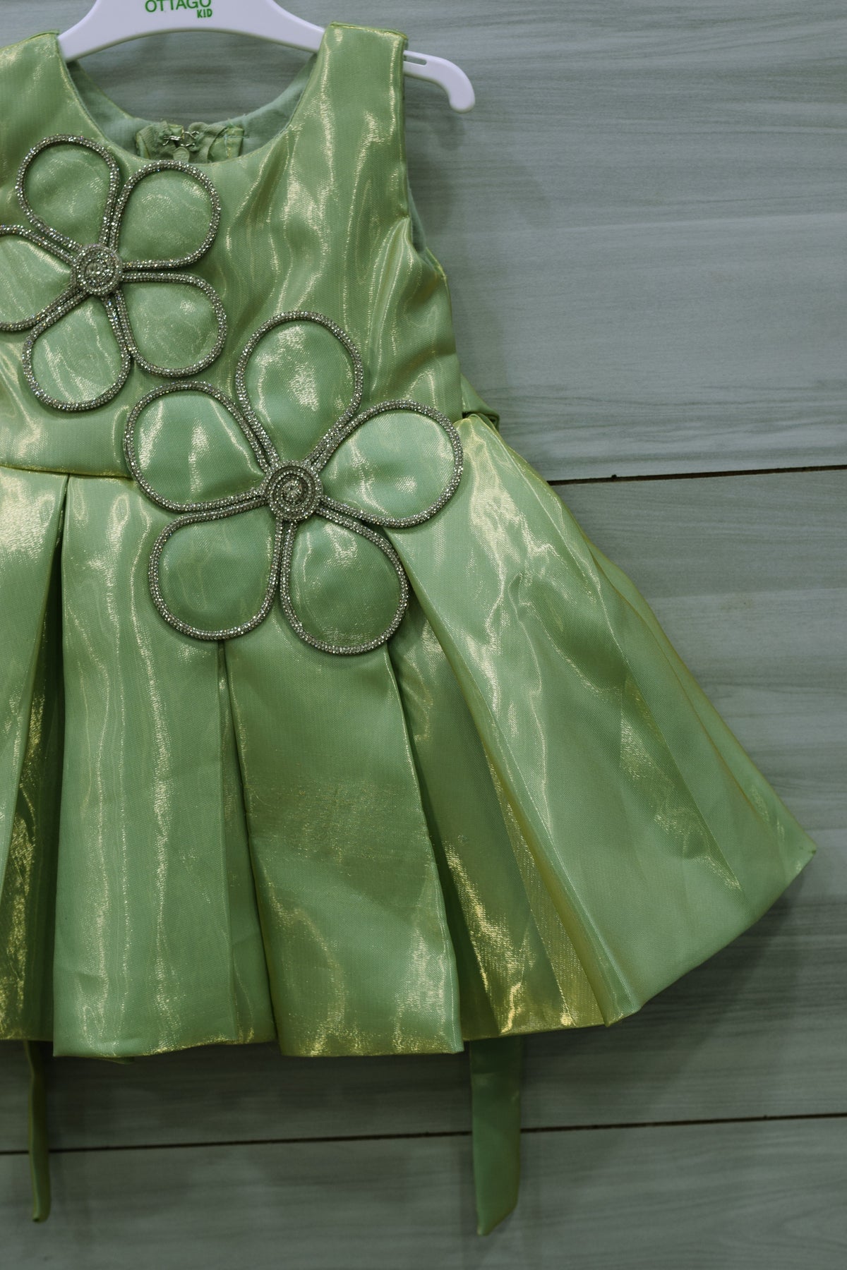 Olive Green Fancy Baby Girl Frock with Decorative Floral Embellishments