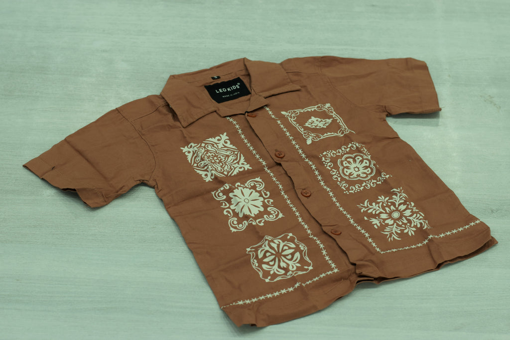 Boys Rust Brown Cuban Collar Shirt with White Bandana Motif Print