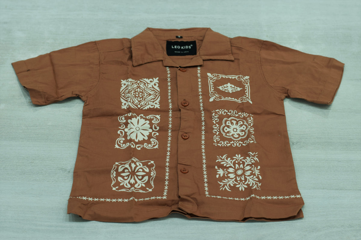 Boys Rust Brown Cuban Collar Shirt with White Bandana Motif Print