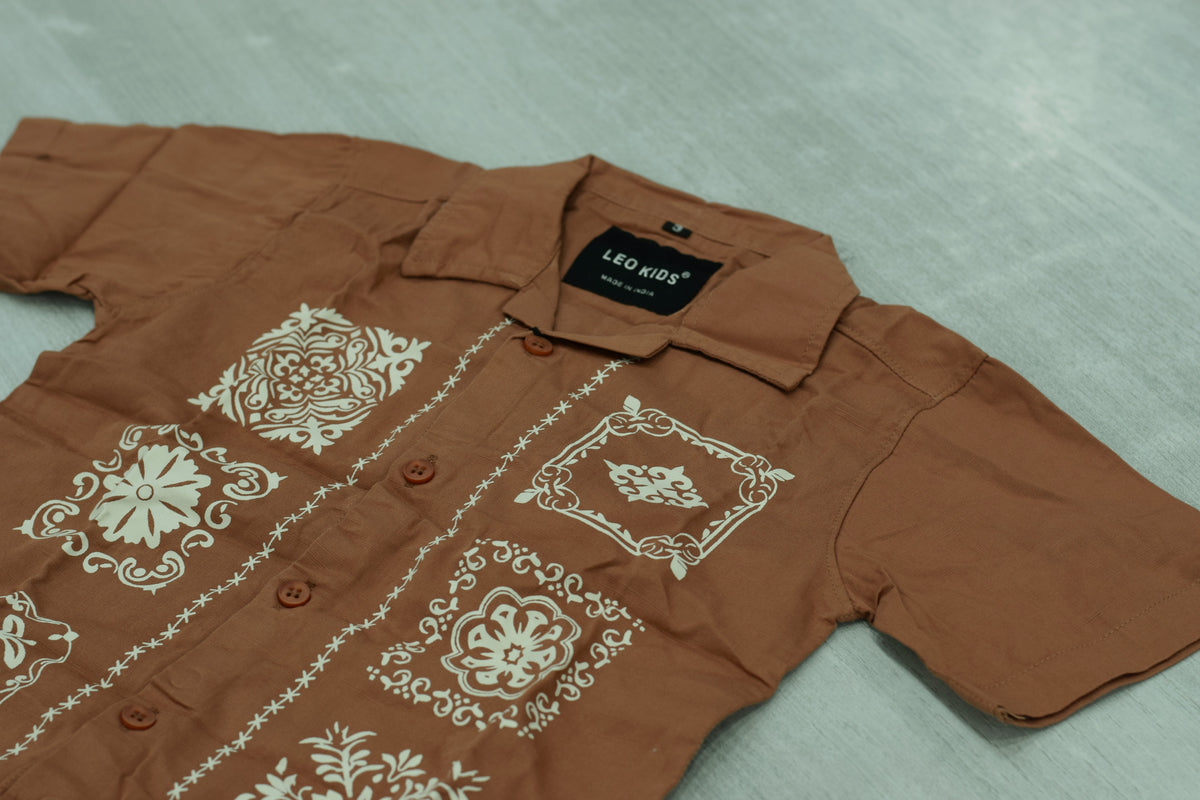 Boys Rust Brown Cuban Collar Shirt with White Bandana Motif Print