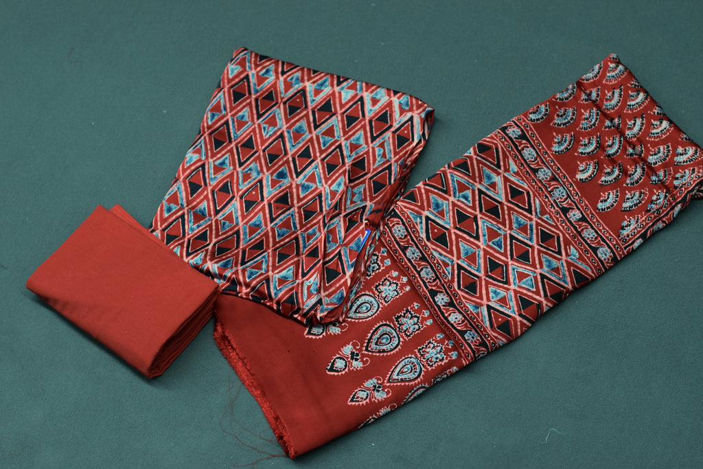 Rust Red Geometric Print Modal Silk Churidar Material Set for Women