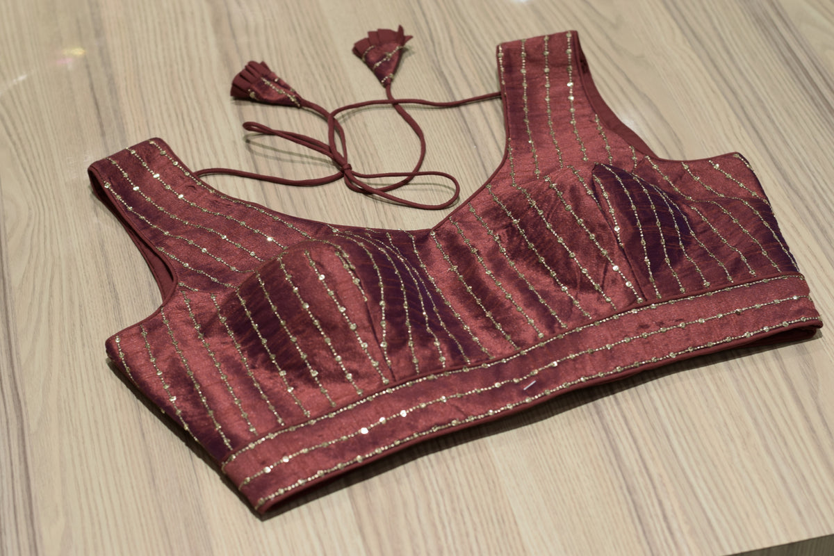 Deep Red Semi-Silk Padded Readymade Saree Blouse with Vertical Sequin Strips & Dori Tie-Up (Sleeve Material Included)
