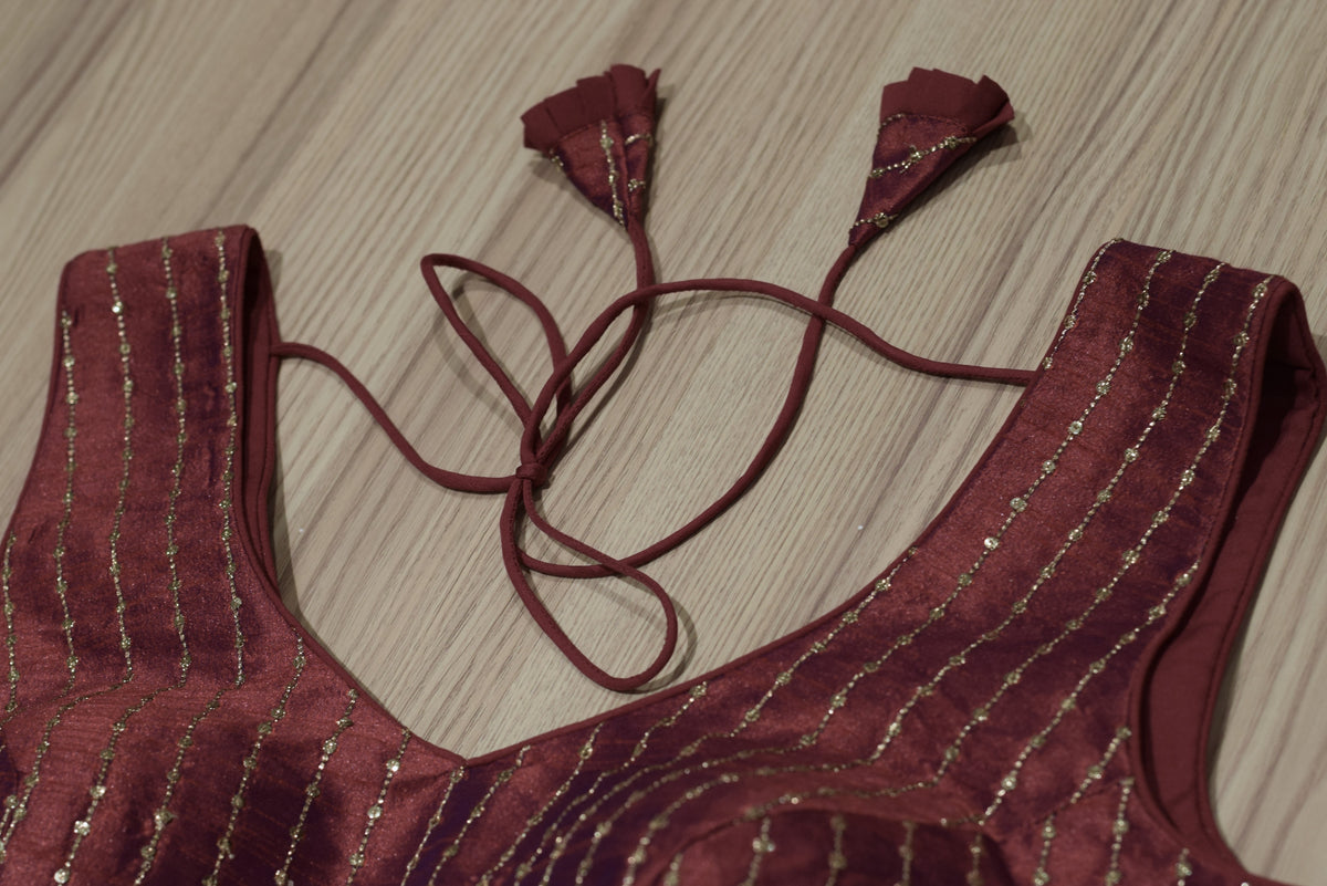 Deep Red Semi-Silk Padded Readymade Saree Blouse with Vertical Sequin Strips & Dori Tie-Up (Sleeve Material Included)