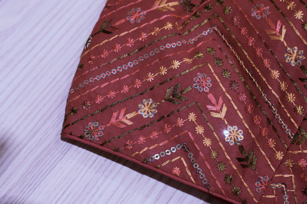 Maroon Padded Readymade Saree Blouse with Intricate Sequin & Thread Embroidery & Dori Tie-Up