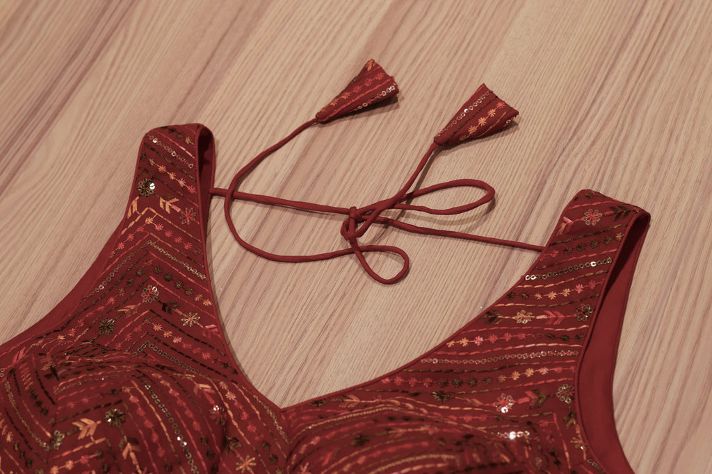 Maroon Padded Readymade Saree Blouse with Intricate Sequin & Thread Embroidery & Dori Tie-Up