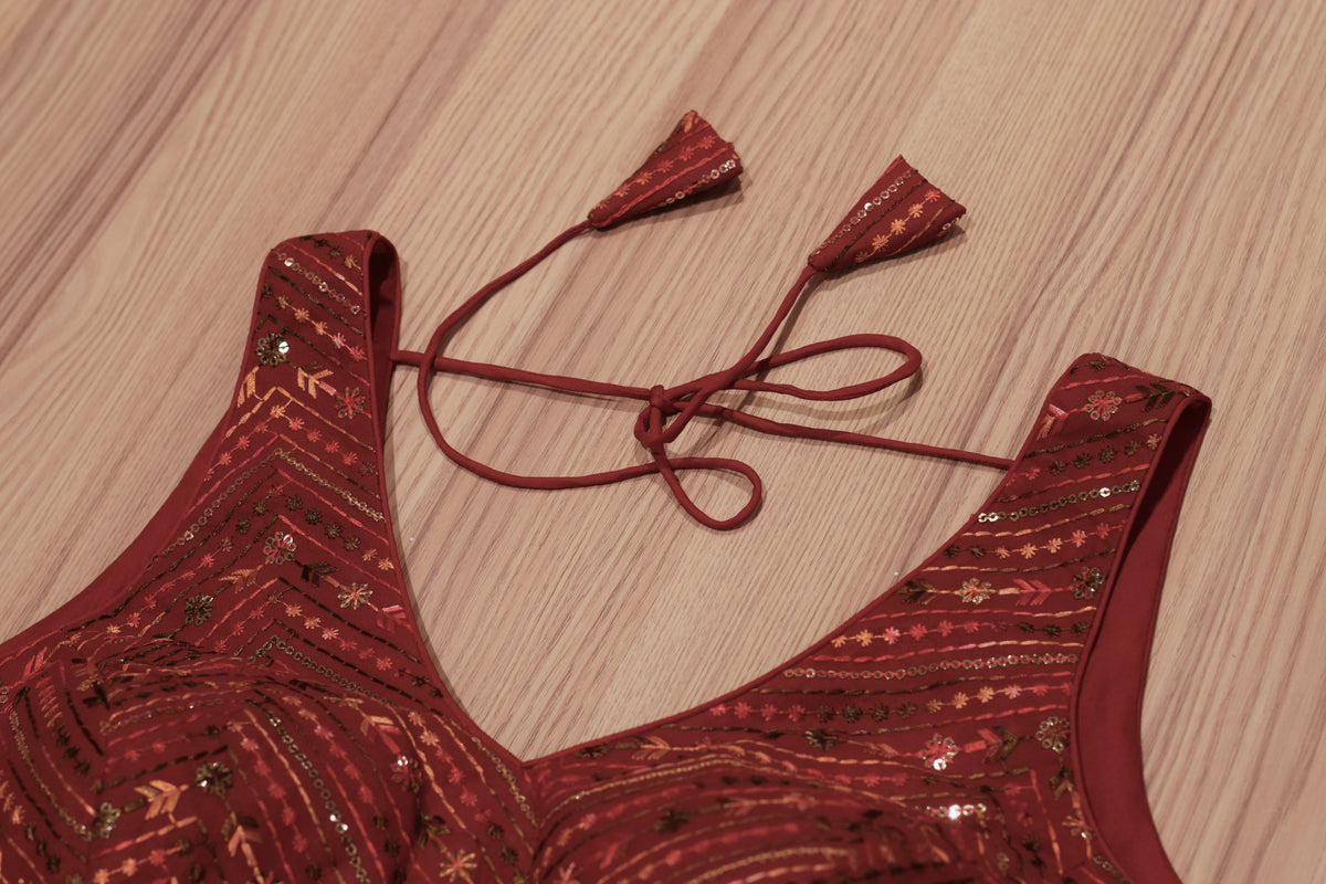 Maroon Padded Readymade Saree Blouse with Intricate Sequin & Thread Embroidery & Dori Tie-Up