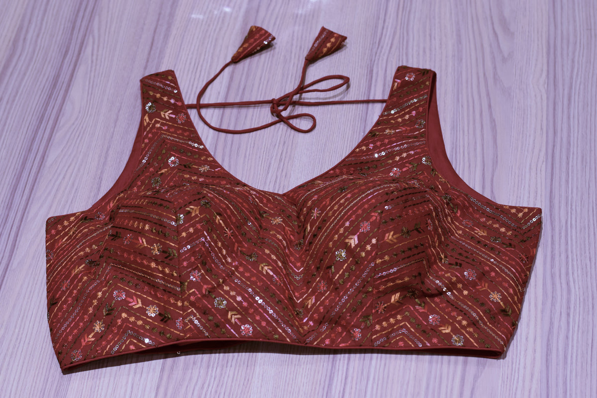 Maroon Padded Readymade Saree Blouse with Intricate Sequin & Thread Embroidery & Dori Tie-Up