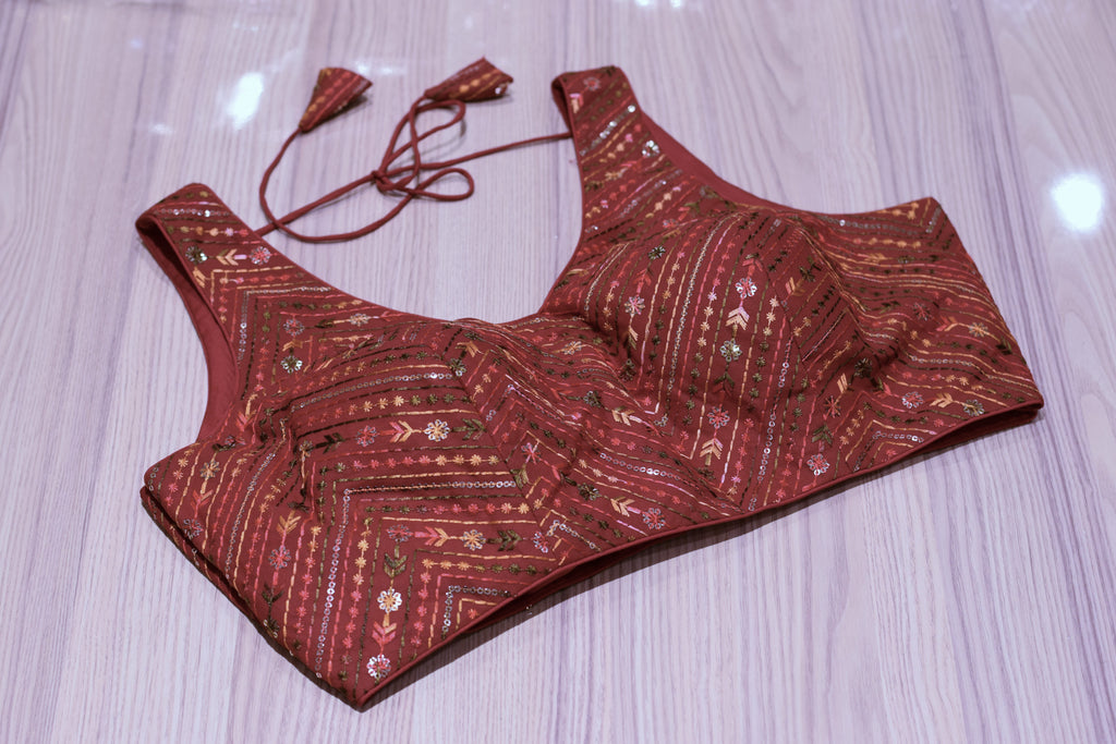 Maroon Padded Readymade Saree Blouse with Intricate Sequin & Thread Embroidery & Dori Tie-Up