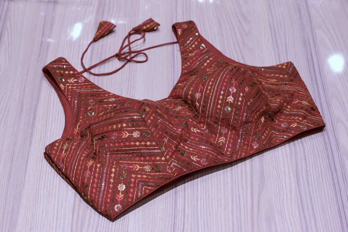 Maroon Padded Readymade Saree Blouse with Intricate Sequin & Thread Embroidery & Dori Tie-Up