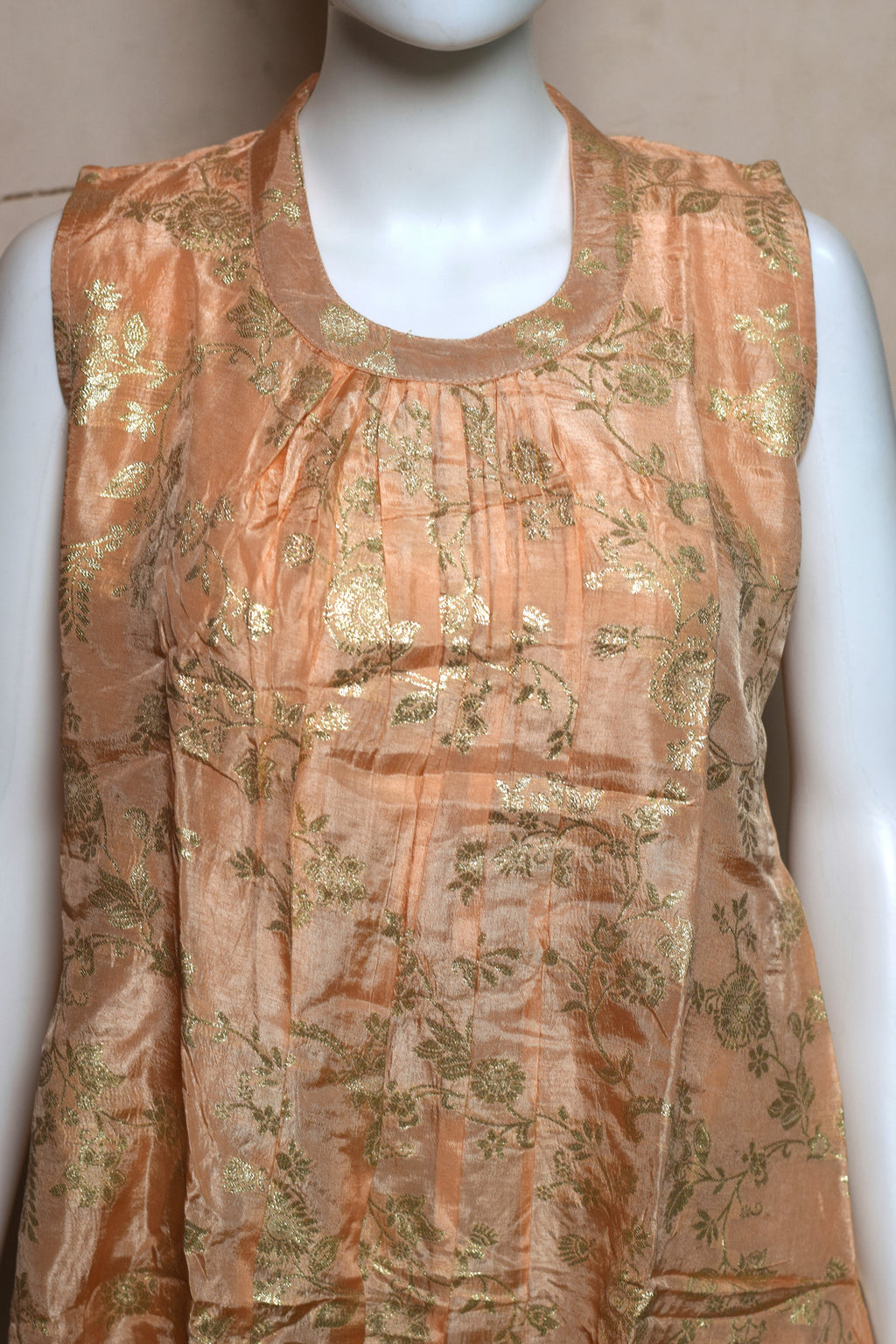 Women's Brocade Churidar Top with Gold Floral Weaving | Sleeveless Kurti Top with Sleeve Material Included