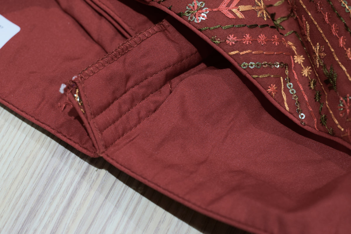Maroon Padded Readymade Saree Blouse with Intricate Sequin & Thread Embroidery & Dori Tie-Up
