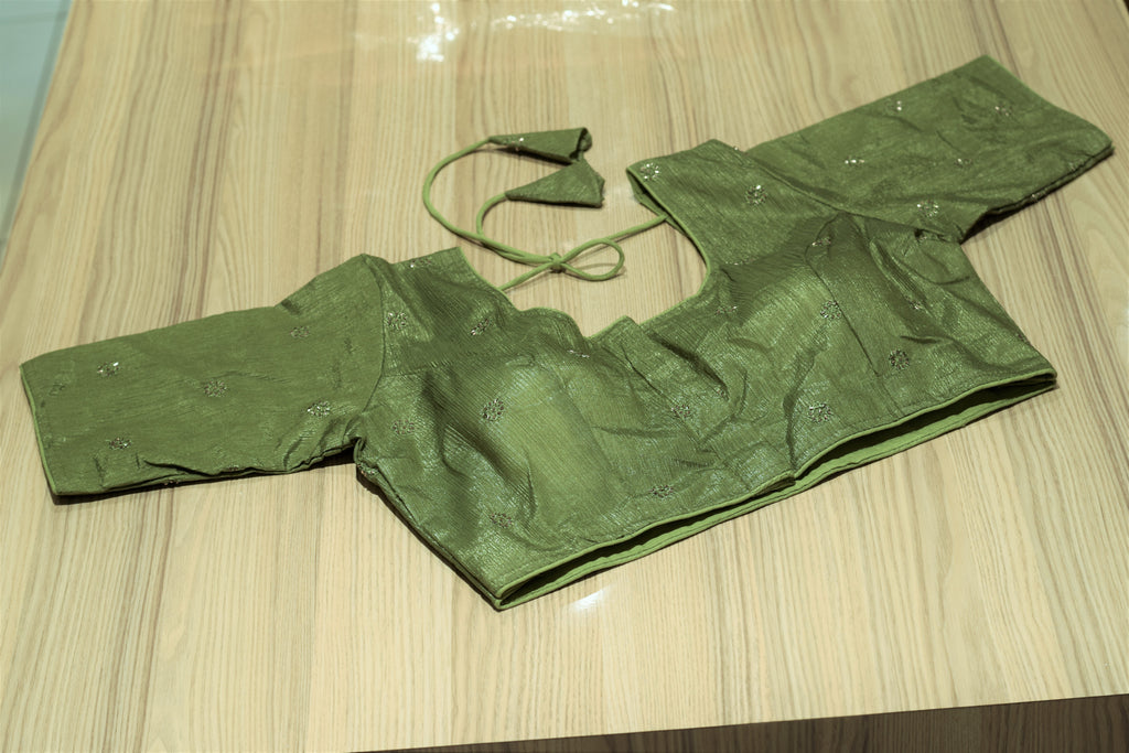 Olive Crush Organza Front-Open Saree Blouse | Designer Readymade Blouse
