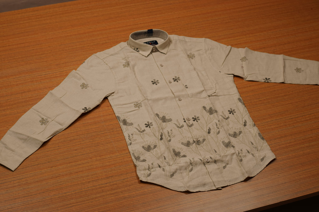 Men's Light Beige Cotton Floral Printed Full Sleeve Casual Shirt