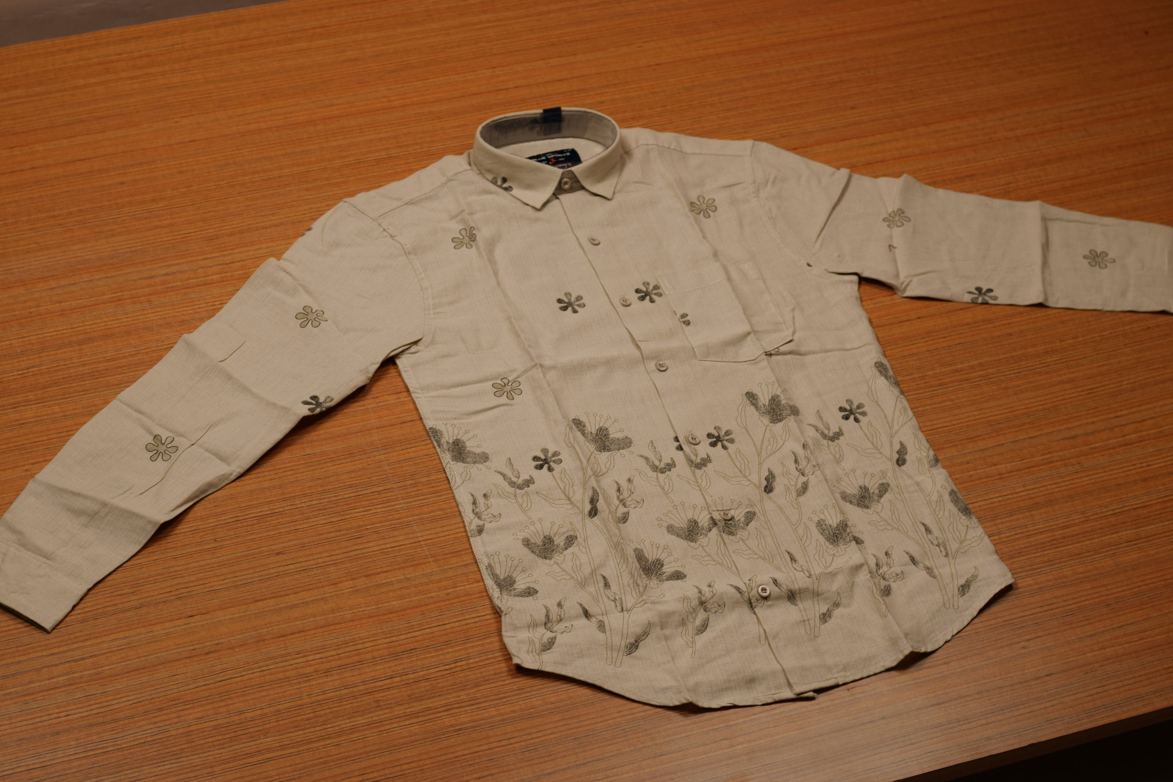 Men's Light Beige Cotton Floral Printed Full Sleeve Casual Shirt