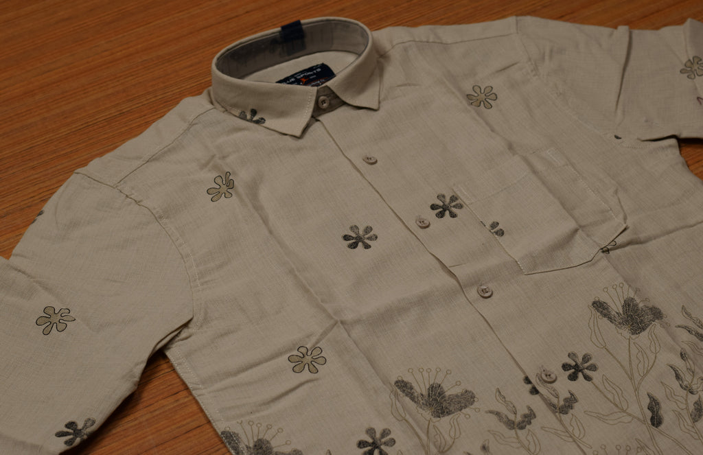 Men's Light Beige Cotton Floral Printed Full Sleeve Casual Shirt
