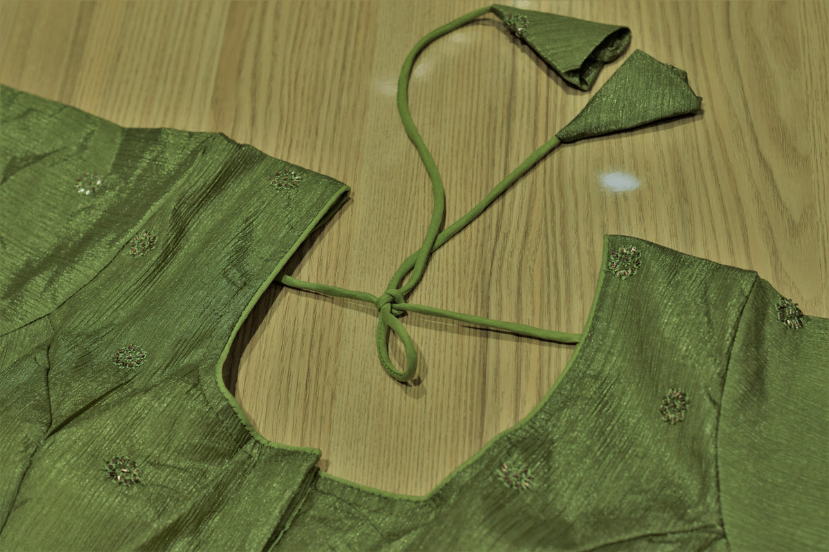 Olive Crush Organza Front-Open Saree Blouse | Designer Readymade Blouse
