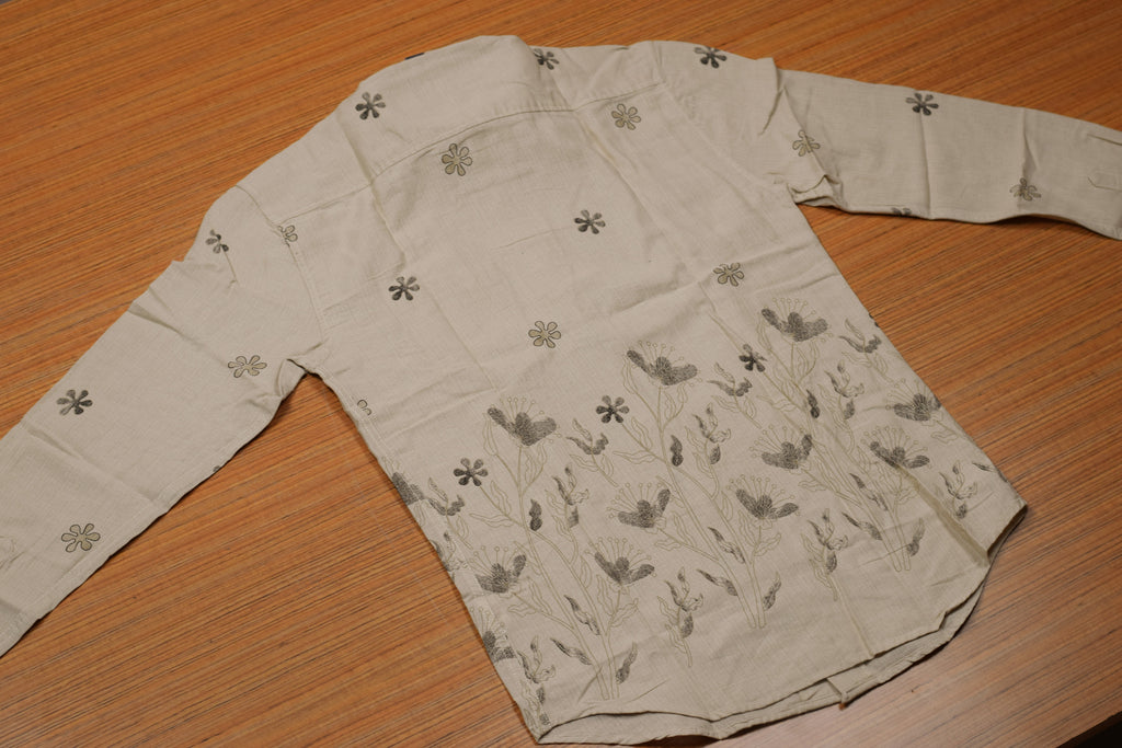 Men's Light Beige Cotton Floral Printed Full Sleeve Casual Shirt