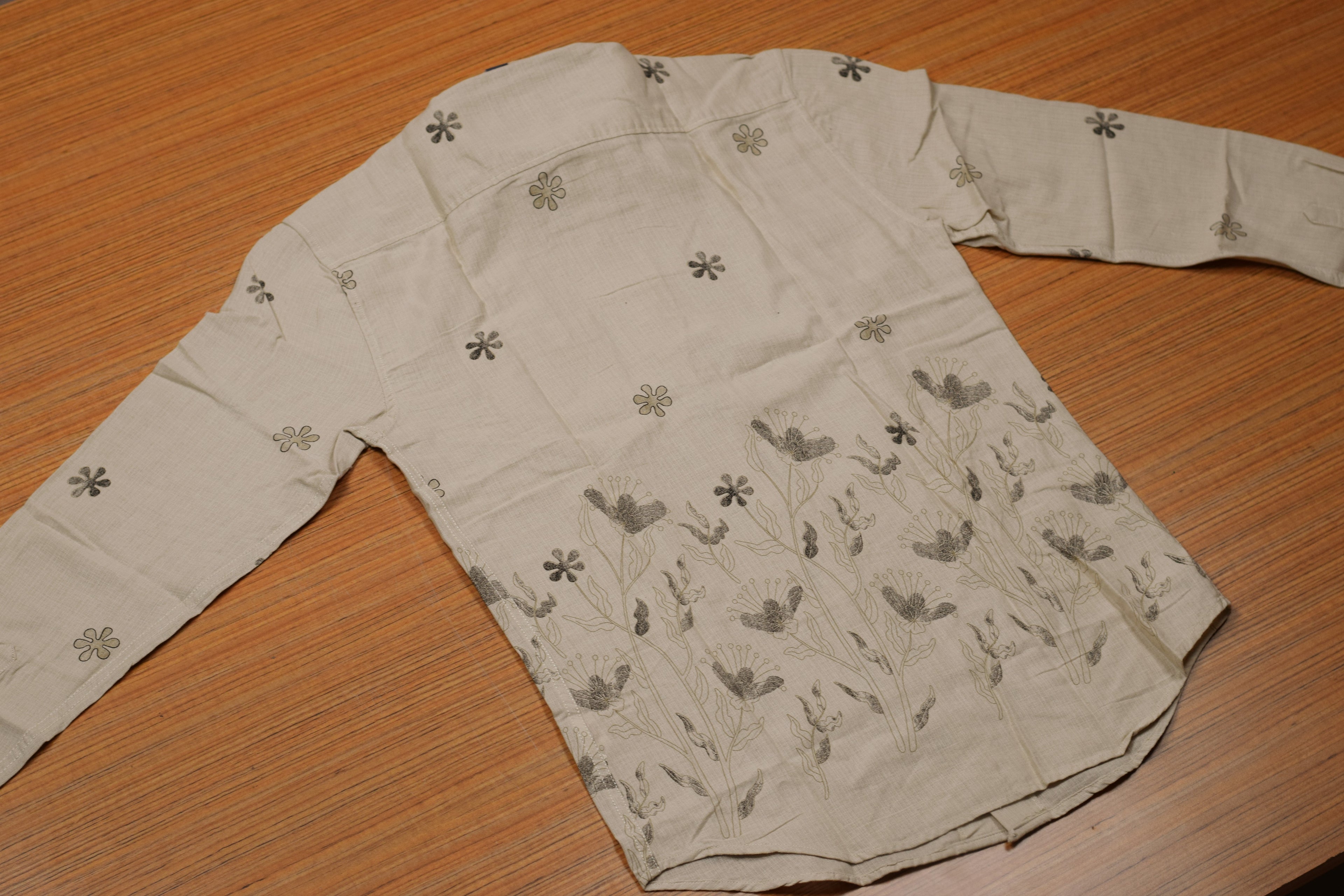 Men's Light Beige Cotton Floral Printed Full Sleeve Casual Shirt
