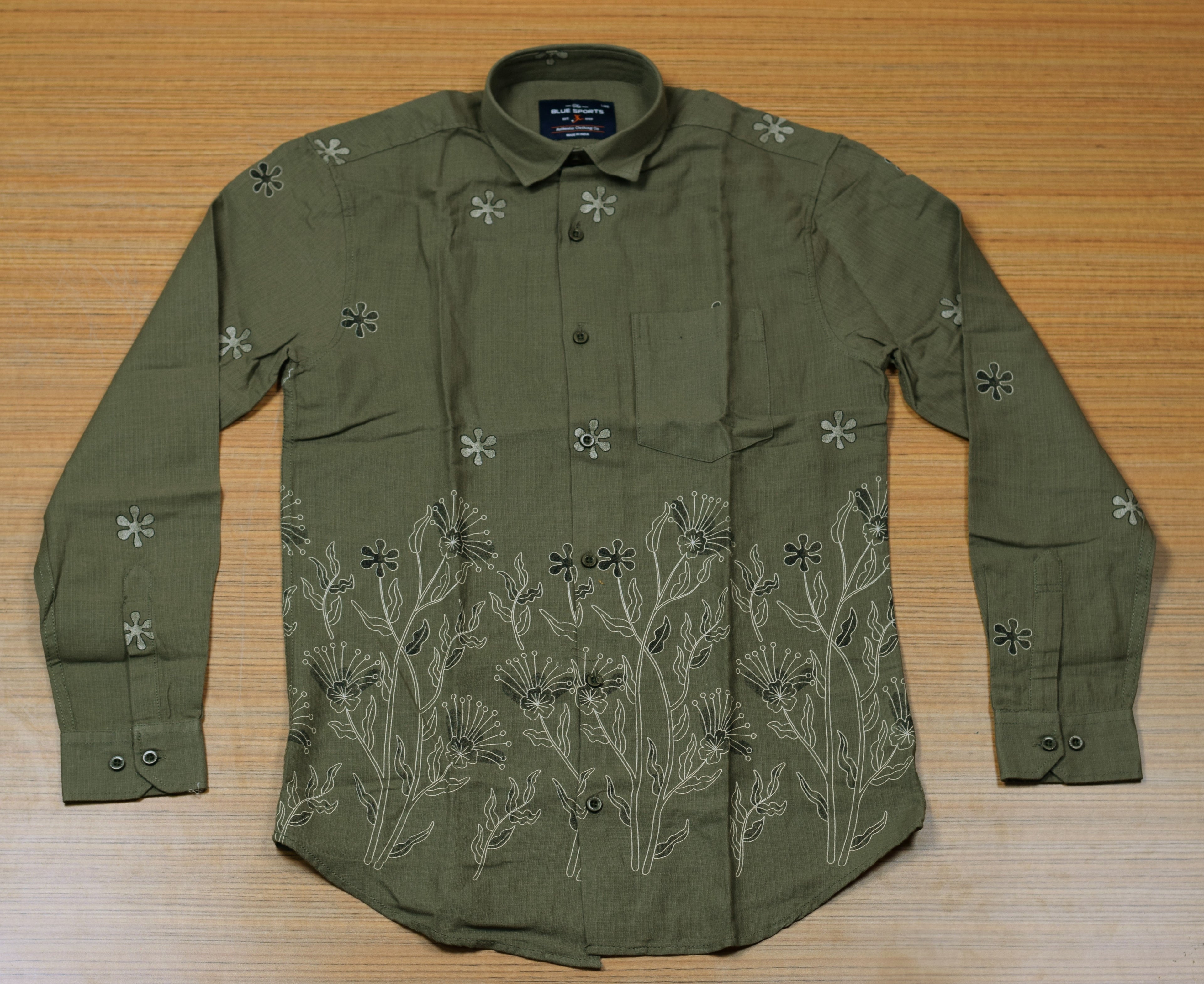 Men's Olive Green Cotton Floral Printed Full Sleeve Casual Shirt