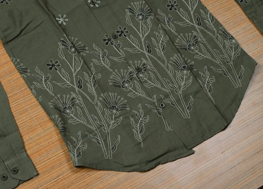 Men's Olive Green Cotton Floral Printed Full Sleeve Casual Shirt