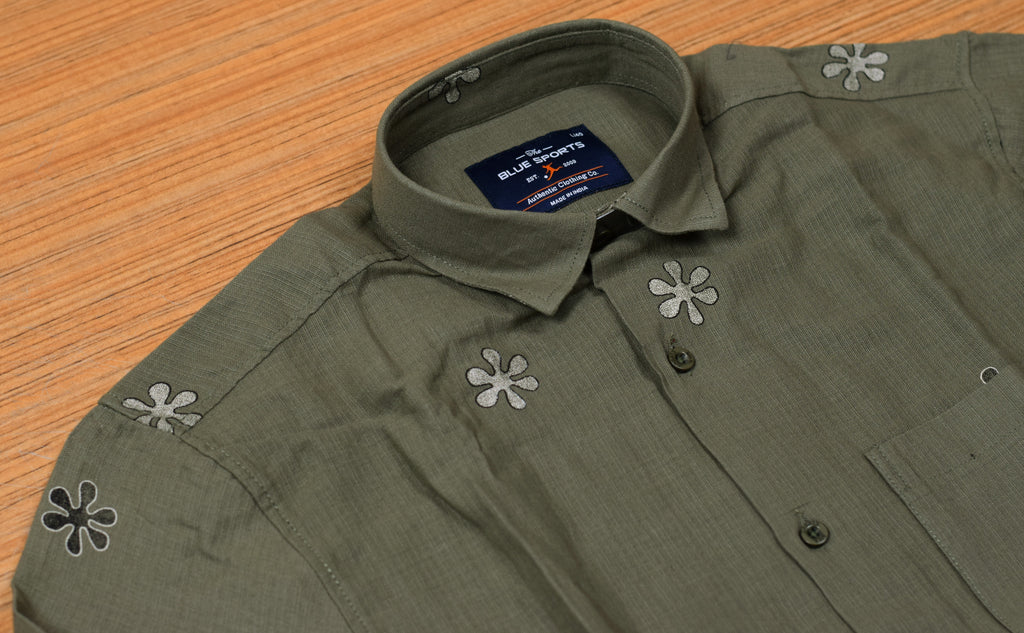 Men's Olive Green Cotton Floral Printed Full Sleeve Casual Shirt