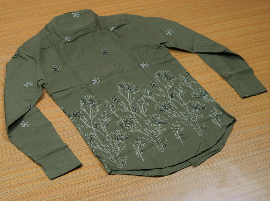 Men's Olive Green Cotton Floral Printed Full Sleeve Casual Shirt