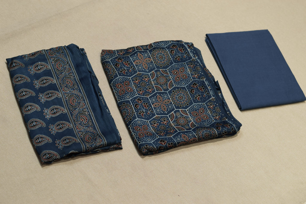 Navy Blue Printed Modal Silk Churidar Set Material | Ethnic Printed Dress Material