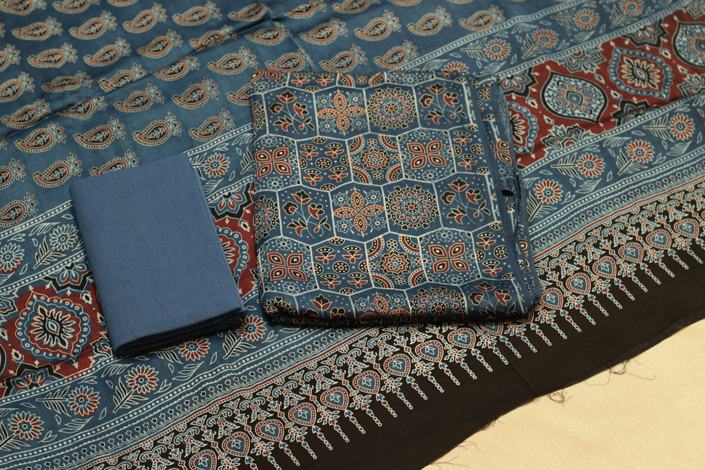 Navy Blue Printed Modal Silk Churidar Set Material | Ethnic Printed Dress Material