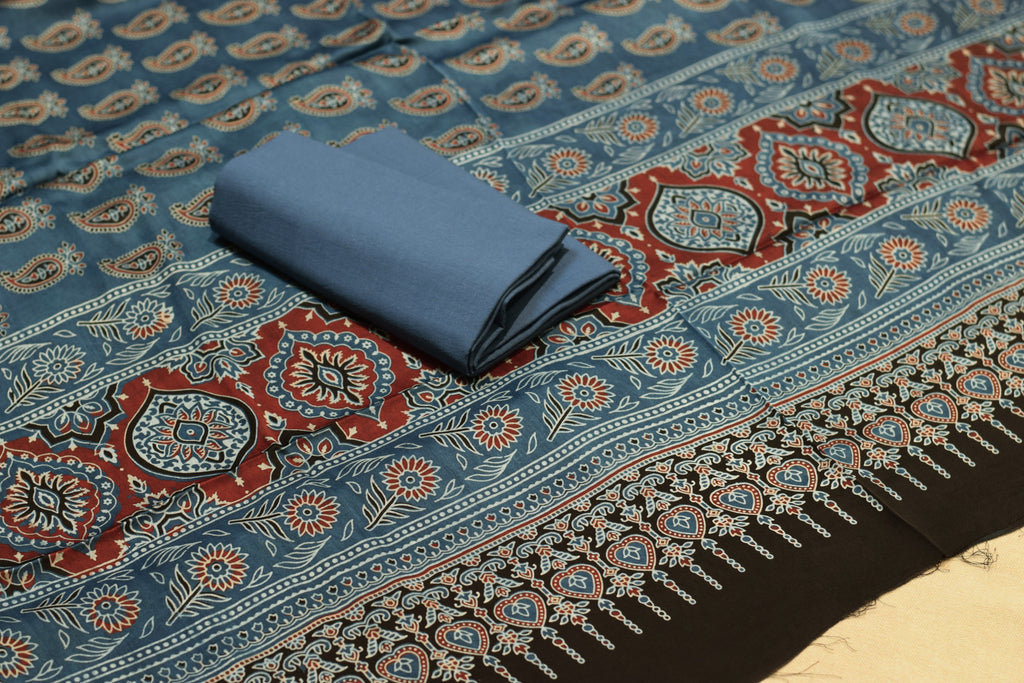Navy Blue Printed Modal Silk Churidar Set Material | Ethnic Printed Dress Material
