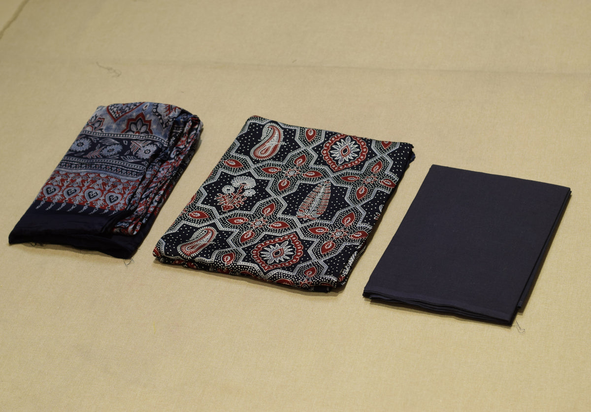 Navy Blue Modal Silk Printed Churidar Set Material | Printed Top & Plain Bottom