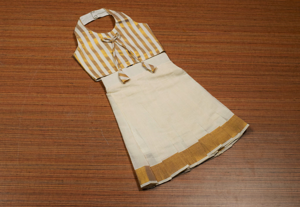 Girls Kerala Traditional Kasavu Skirt & Blouse Set | Off White Traditional Ethnic Wear | Golden Stripe Blouse | Festive Outfit