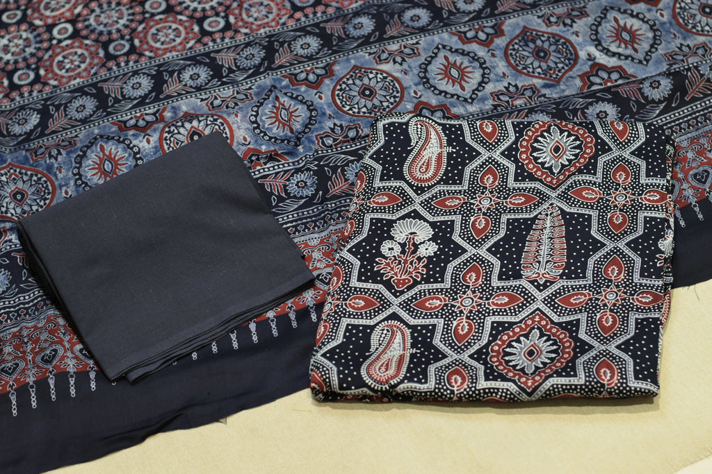 Navy Blue Modal Silk Printed Churidar Set Material | Printed Top & Plain Bottom