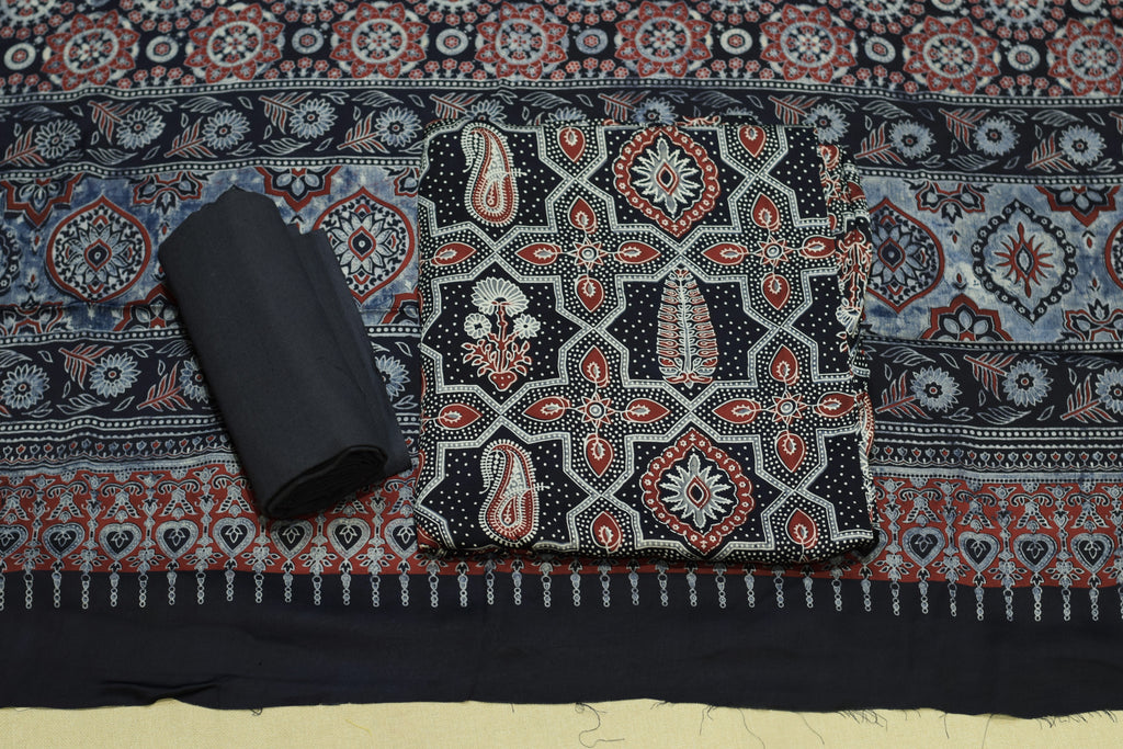 Navy Blue Modal Silk Printed Churidar Set Material | Printed Top & Plain Bottom