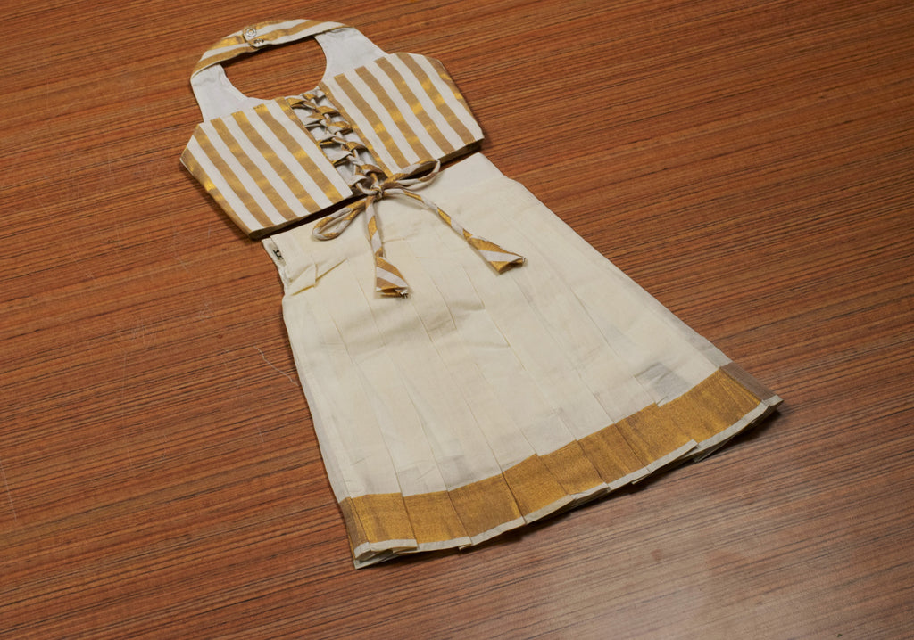 Girls Kerala Traditional Kasavu Skirt & Blouse Set | Off White Traditional Ethnic Wear | Golden Stripe Blouse | Festive Outfit