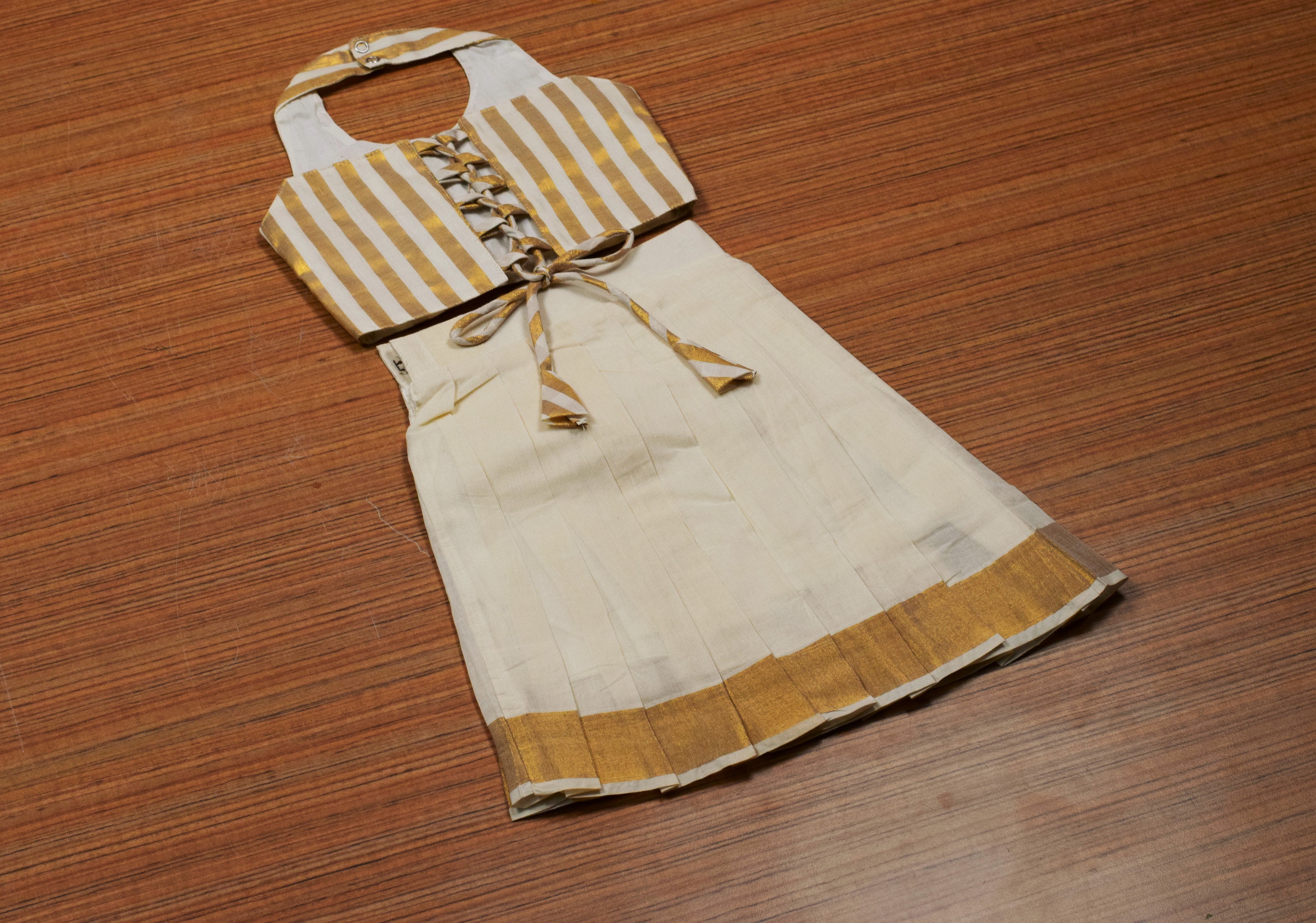 Girls Kerala Traditional Kasavu Skirt & Blouse Set | Off White Traditional Ethnic Wear | Golden Stripe Blouse | Festive Outfit