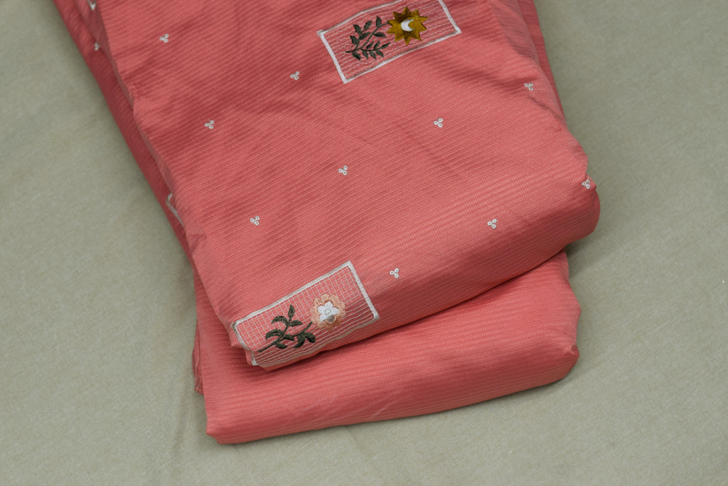 Coral Blush Berlin Silk Dress Material Set with Elegant Embroidery-56"