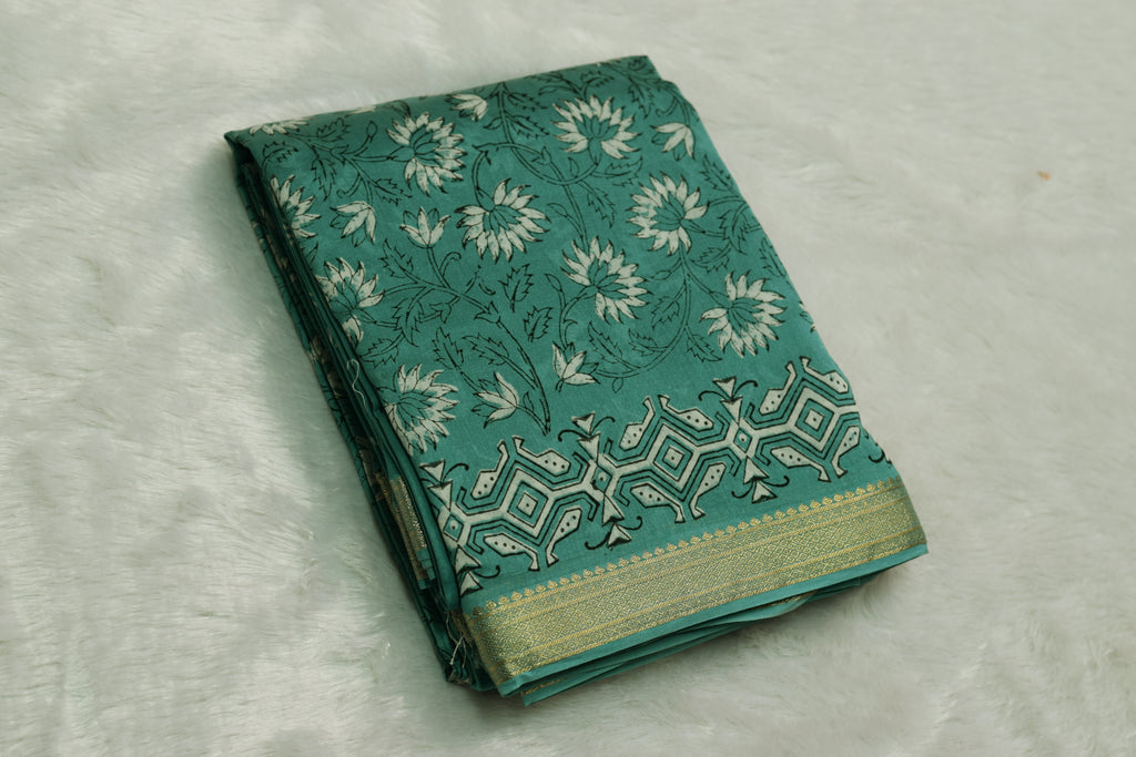 Teal Green Floral Printed Churidar Set Material with Designer Border