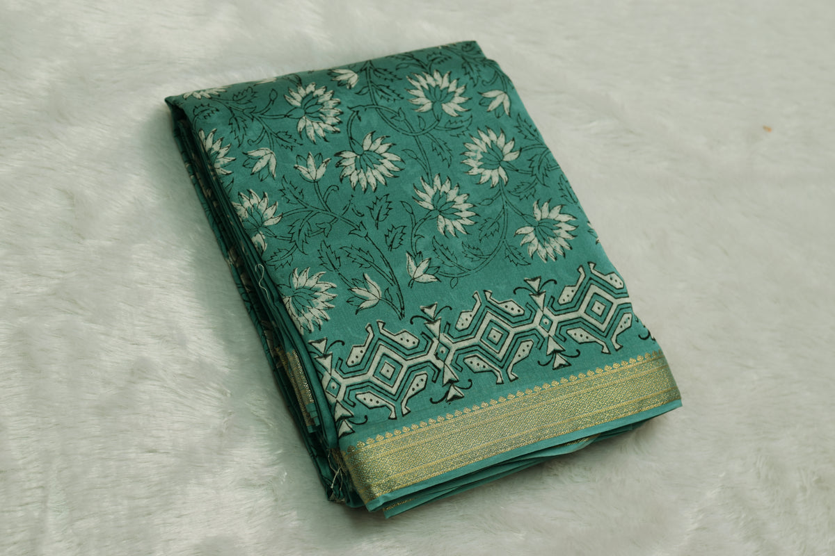Teal Green Floral Printed Churidar Set Material with Designer Border