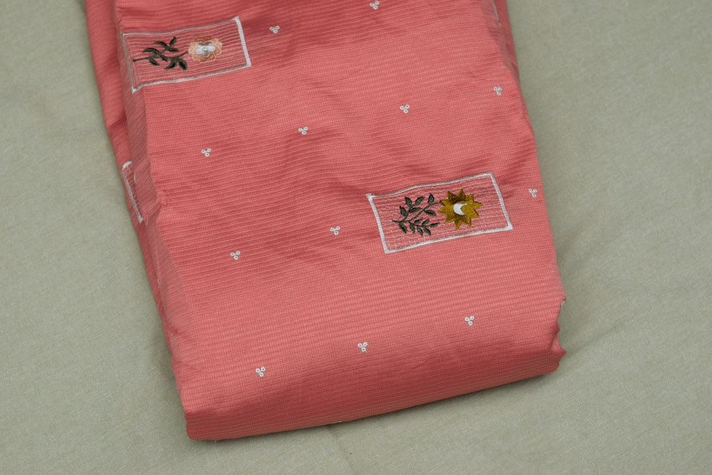Coral Blush Berlin Silk Dress Material Set with Elegant Embroidery-56"
