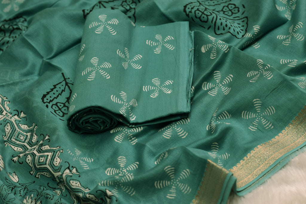 Teal Green Floral Printed Churidar Set Material with Designer Border