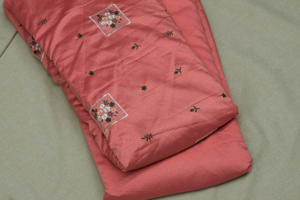 Berlin Silk Embroidered Dress Material Set – Peach Pink | Top & Bottom Fabric | 56" Width
