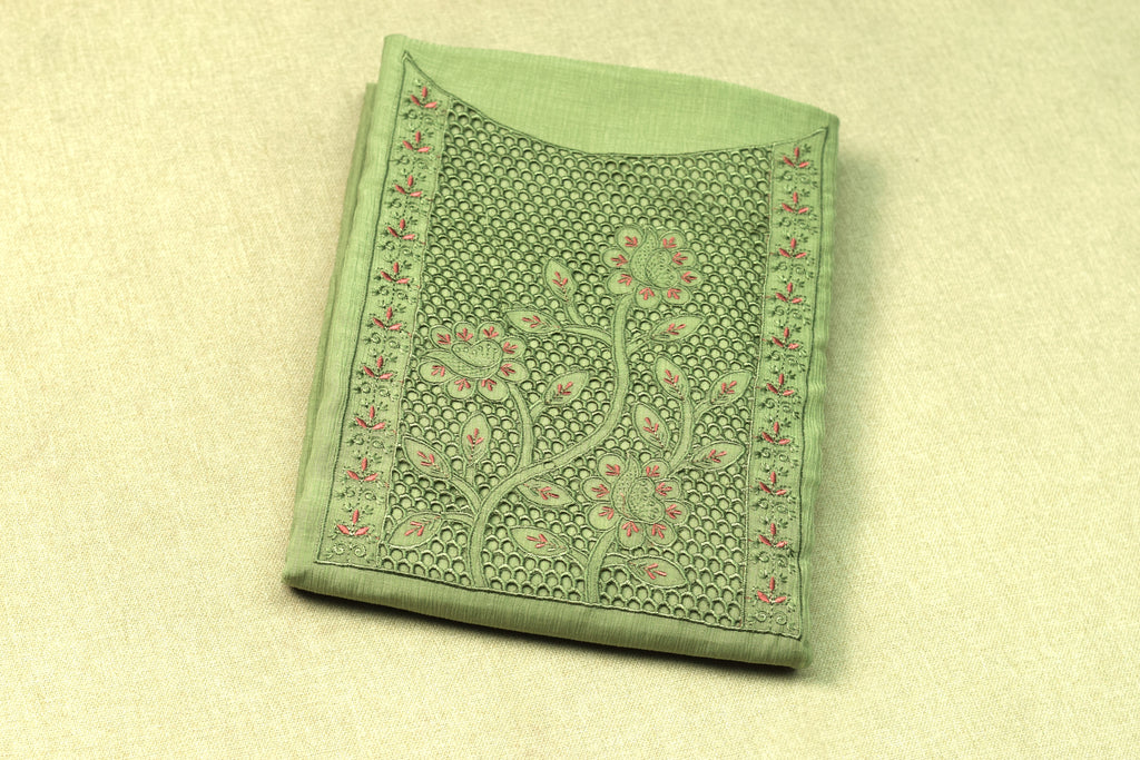 Elegant Sage Green Christ Georgette Churidar Material Set with Floral Embroidery