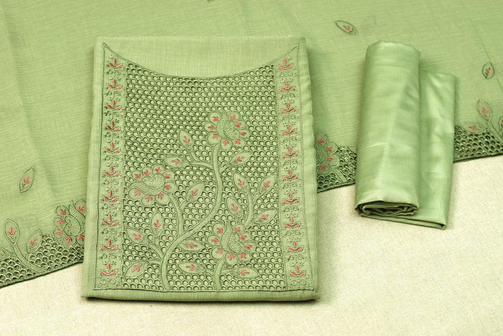 Elegant Sage Green Christ Georgette Churidar Material Set with Floral Embroidery