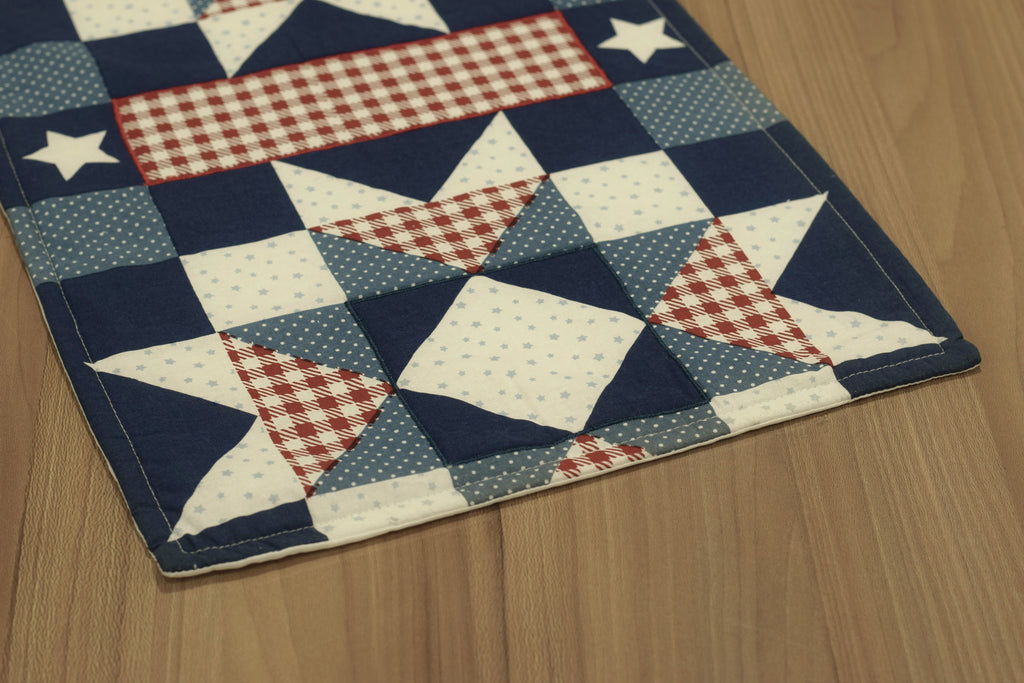 Geometric Patchwork Table Runner – Navy Blue & Red Decorative Table Mat | 90 × 35 cm