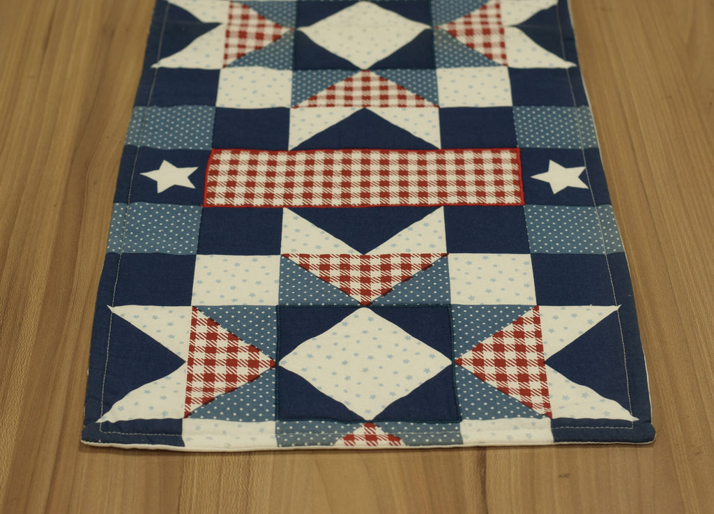 Geometric Patchwork Table Runner – Navy Blue & Red Decorative Table Mat | 90 × 35 cm
