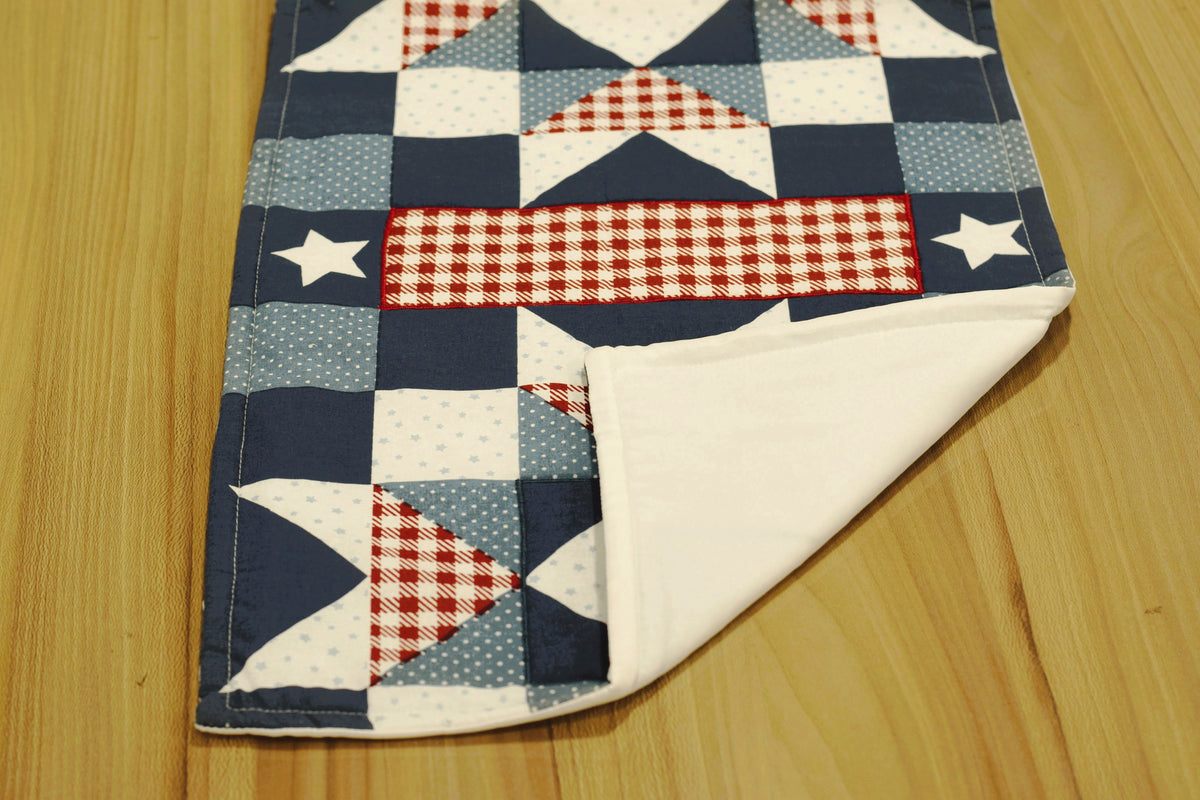 Geometric Patchwork Table Runner – Navy Blue & Red Decorative Table Mat | 90 × 35 cm