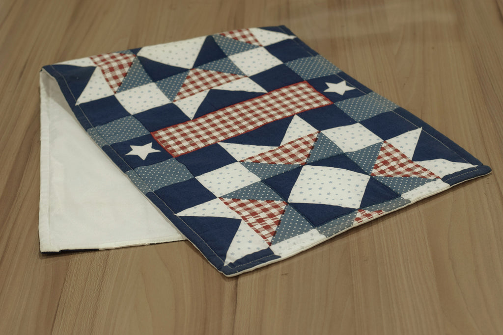 Geometric Patchwork Table Runner – Navy Blue & Red Decorative Table Mat | 90 × 35 cm